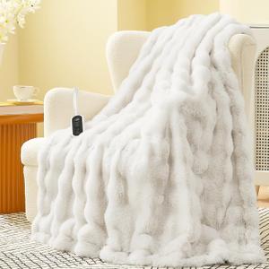 Amélie Home Heated Bubble Faux Fur Blanket Electric  50"x60" Heating Blanket Throw 2/4/6/8 Hours AutoOff 8 Heat Level OverHeat Protection Electric ETL Certification Beige/Off White