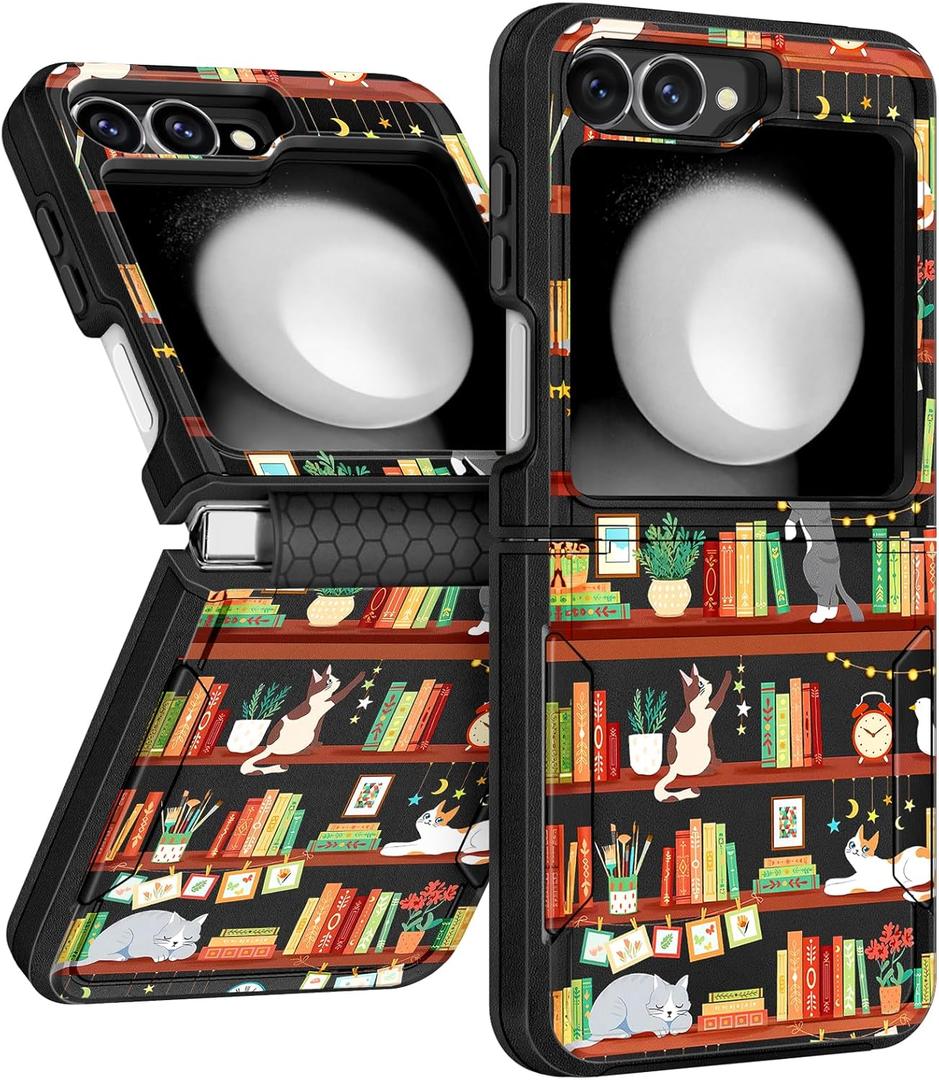 for Samsung Galaxy Z Flip 5 Case - Women Girls Cute Phone Cover Girly Aesthetic Kawaii Unique Design Cartoon Cat Bookshelf Heavy Duty Shockproof Protective for Samsung Z Flip 5 Case 6.7 Inch