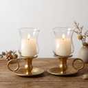 2 Set Solid Brass Hurricane Candle Holders with Tulip Shaped Glass Pegs 7 Tall Vintage Candle Holder for Tea Lights, Polished Shiny Gold Lacquered Candlelight Dinner Wedding Party Gift
