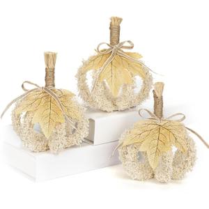 Fall Pumpkin Decorations for Home, Hollow Foldable Fake Pumpkins, Faux Small Pumpkins for Decorating, Artificial Fabric Pumpkin for Autumn Harvest Thanksgiving Halloween Table Centerpiece, White 3PCS
