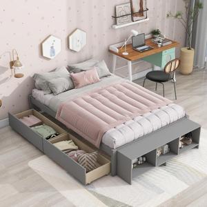 Dolonm Full Size Bed with 2 Drawers and Storage Shelves, Pine Wood Platform Bed Frame, Space Saving Bed, No Box Spring Needed, Platform Bed for Kids Bedroom, Dorm, No Spring Needed Required, Grey