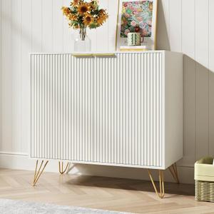 Storage Cabinet with 2 Doors, White Fluted Sideboard Buffet Cabinet with Metal Legs and Adjustable Shelf, Accent Cabinet for Kitchen, Entryway, Living Room, Office, White