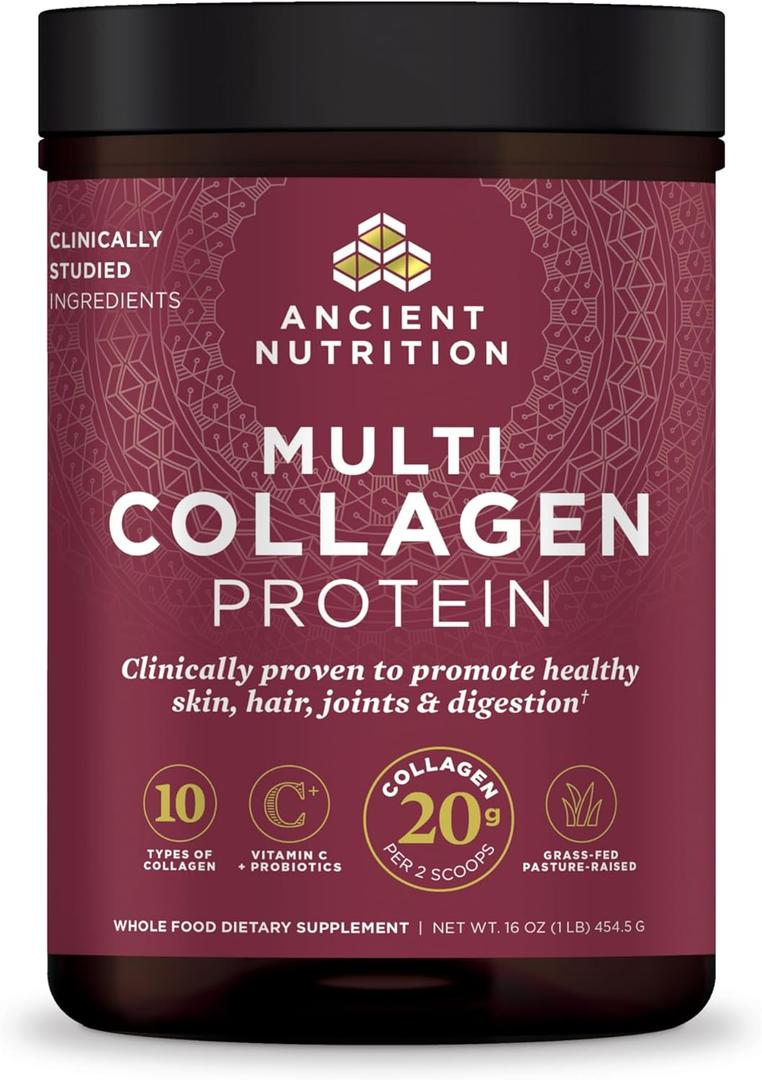 Ancient Nutrition Collagen Powder Protein with Probiotics, Unflavored Multi Collagen Protein with Vitamin C, 45 Servings, Hydrolyzed Collagen Peptides Supports Skin and Nails, Gut Health, 16oz (45 Servings (Pack of 1)), Best-Before 12/16/2027 