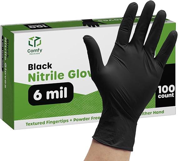 Comfy Package Black Nitrile HEAVY DUTY 6 Mil. Chemical Resistance, Latex & Powder Free, Textured Fingertips Disposable Gloves (Medium)