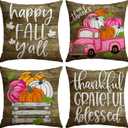 2 x Artscope Fall Decorative Throw Pillow Covers 18x18 Inch Set of 4, Happy Fall Pumpkin Truck Thankful Grateful Blessed Outdoor Farmhouse Pillow Cases for Home Sofa Couch-Pink Brown