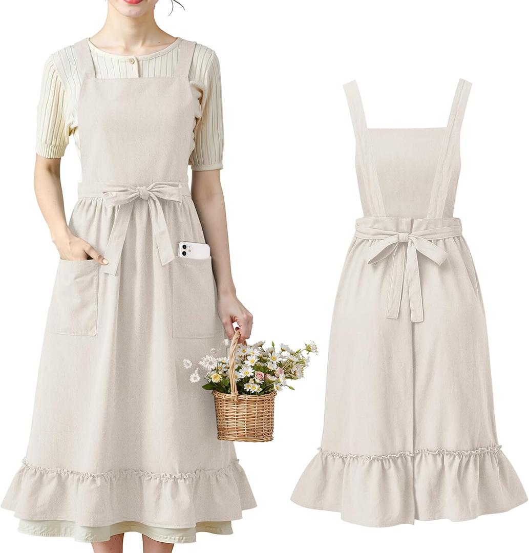 100% Cotton Aprons with Pockets Pinafore Dress for Women Vintage Cute Aprons for Kitchen Baking Gardening Painting (Beige)