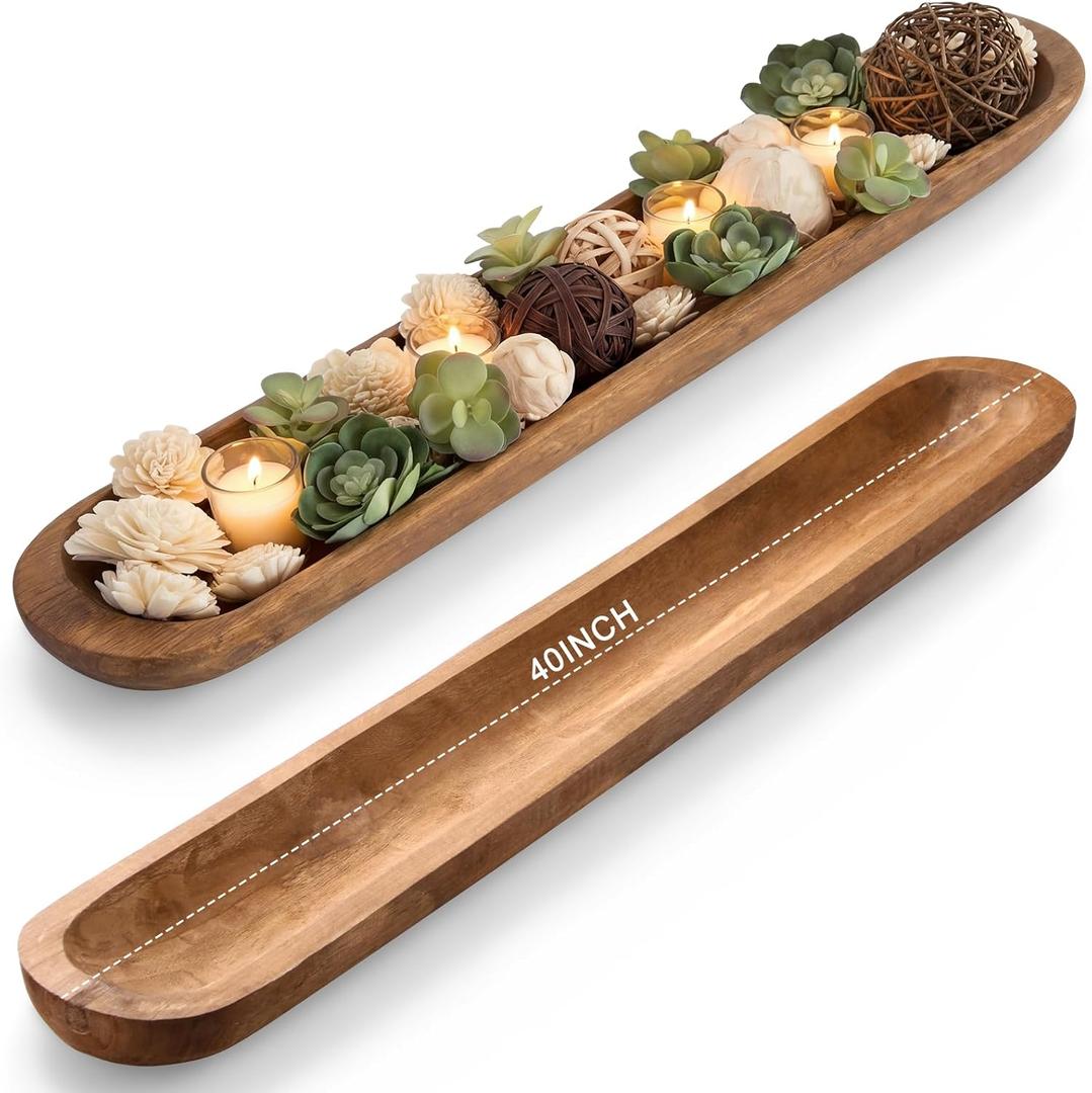 Sawysine 40 Inch Wooden Dough Bowl Decoration Vintage Hand Large Carved Rustic Long Wood Bread Dough Bowl for Living Room Home Dining Room Kitchen Decoration(Brown)