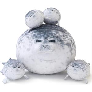 SQEQE Chubby Seal Pillow Plush with 4 Baby Seal Plushies in Her Tummy, Stuffed Cotton Plush Animal Toy Gift for Kids