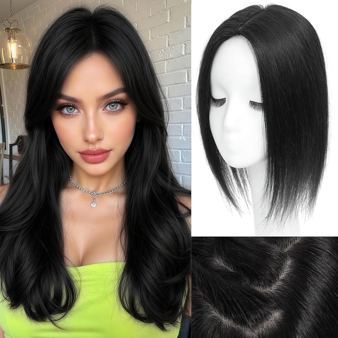 Hair Toppers for Women Real Human Hair, Realistic Biological Scalp Toppers HairPieces for Women with Thinning Hair Middle Part Clip in Bangs Big Base 360 3D Cover (Black, 14 Inch)