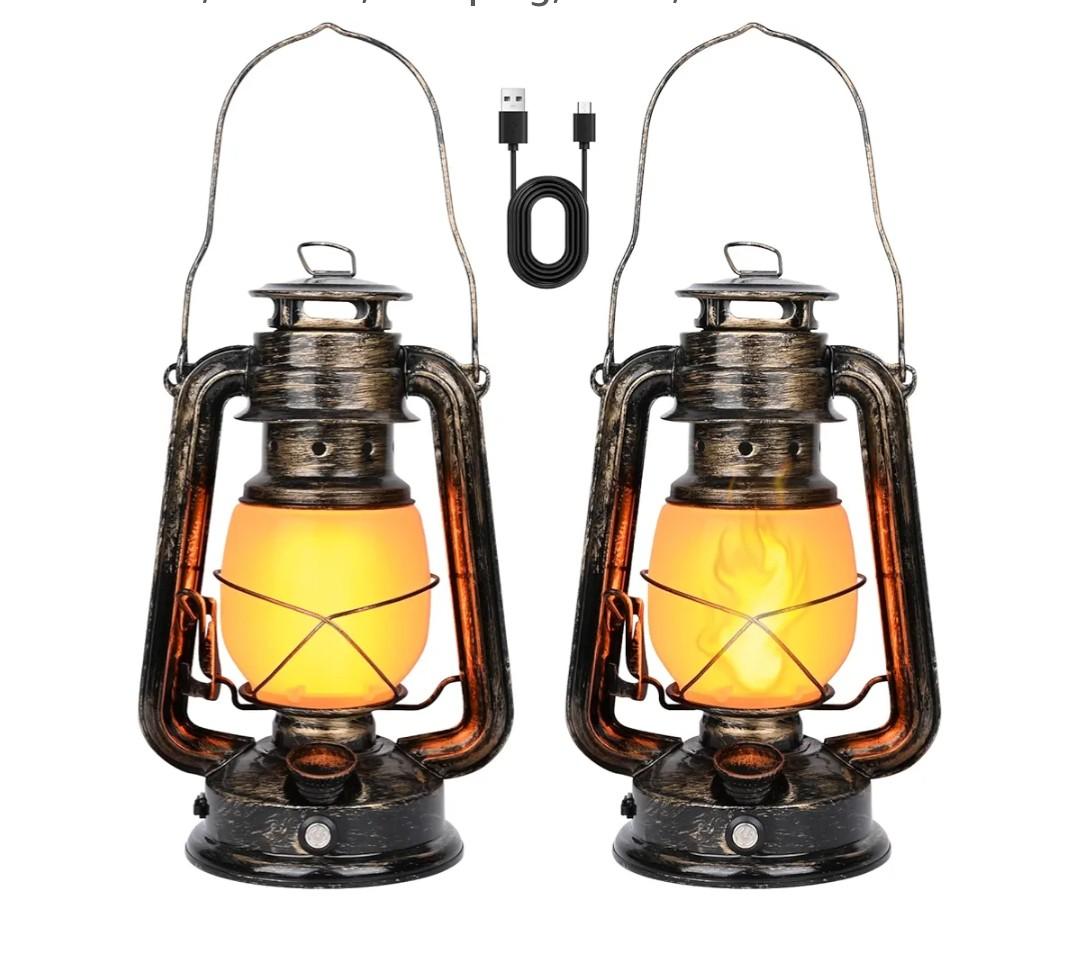 Pack of 2, Realistic Flickering Flame Hanging Lantern with Touch Switch, USB Charging, Antique Metal Lantern for Indoor, Outdoor, Garden, Camping, Patio, Porch