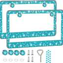2 Pack License Plate Frames for Women, Sparkly Rhinestone Diamond Car Accessories with Glitter Crystal Caps (Blue2PCS)