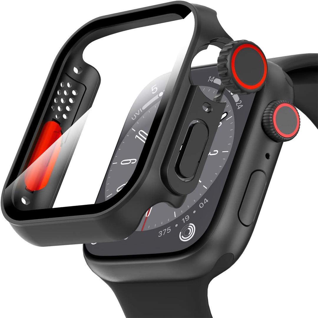 Suoman for Apple Watch Series 6/5/4/Series SE 2 44mm Case, Ultra-Thin Tempered Glass Screen Protector, All-Around PC Protection Cover (Black)