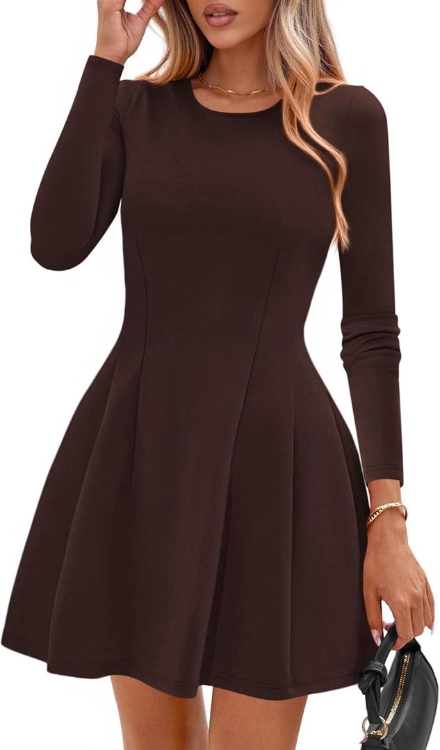 PRETTYGARDEN Long Sleeve Mini Dress for Women 2025 Fall Crewneck Knit Pleated Babydoll A Line Soft Casual Short Party Dresses (Medium, Brown)