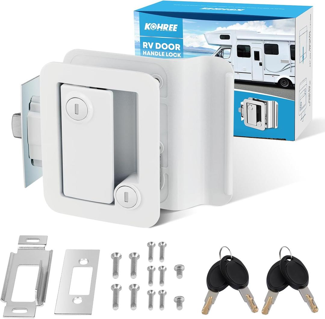 Kohree Upgraded RV Door Lock Replacement with Paddle Deadbolt, Camper Door Handle Latch, 100% Zinc Alloy RV Travel Trailer Entry Door Lock with Keys for Camper Horse Trailer Cargo Hauler, White