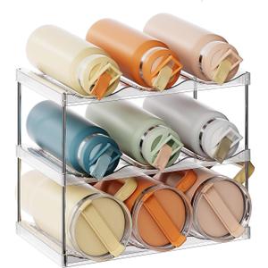 LAMU Stackable Water Bottle Holder Organzier for 40 oz Large Tumbler, 3 Tier Clear Tumbler Bottle Cup Rack for Kitchen Cabinet Organziers and Storage, Hold 9