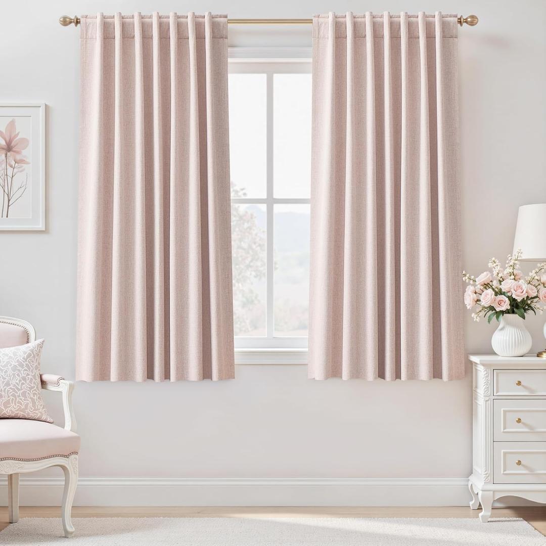 UHITECH Blackout Curtains 63 Inch Length for Living Room 2 Panels Set Pink Curtain for Girls Bedroom Linen Textured Noise Cancelling Drapes Black Out for Windows Pinch Pleated