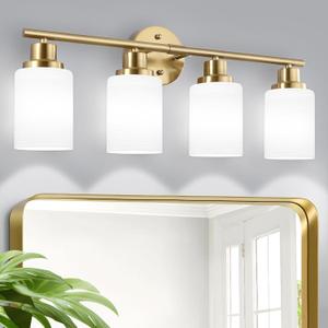 4-Light Vanity Lights, Brushed Gold Bathroom Light Fixture with Striped Textured Milky White Glass Shade, Modern Vanity Lighting Fixture for Bathroom Wall Light Over Mirror, E26 Wall Sconce