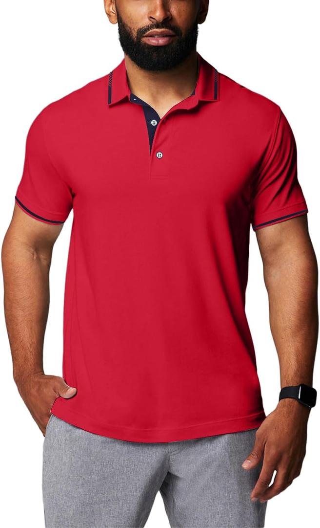 Golf Polo Shirts for Men Short Sleeve Quick Dry Performance Moisture Wicking (Red, S)