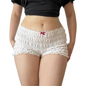 Women Bloomer Shorts Lace Trim Cute Ruffle Micro Shorts (Large, Soild White)
