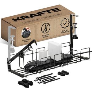 Under Desk Cable Management Tray - 16 No Screw Ready to Install - Hanging Basket Box for Wire Management - Sturdy Desk Cable Tray Organizer fits Two Power Cords - Ideal for Home & Office - 11pc Set