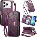 Cases for iPhone 17 Pro Wallet Case Flower for Women with Card Holder Retro Embossed Leaf PU Leather Zipper Flip Cover with Detachable Strap for Apple iPhone 17 Pro 6.3" Purple