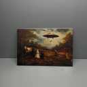 Retro UFO Canvas Wall Art Whimsical Alien Abduction Wall Decor Pictures Victorian Landscape Funny Altered Poster Prints Eclectic Trippy Spaceship Artwork for Living Room Bedroom Decoration 12x16in