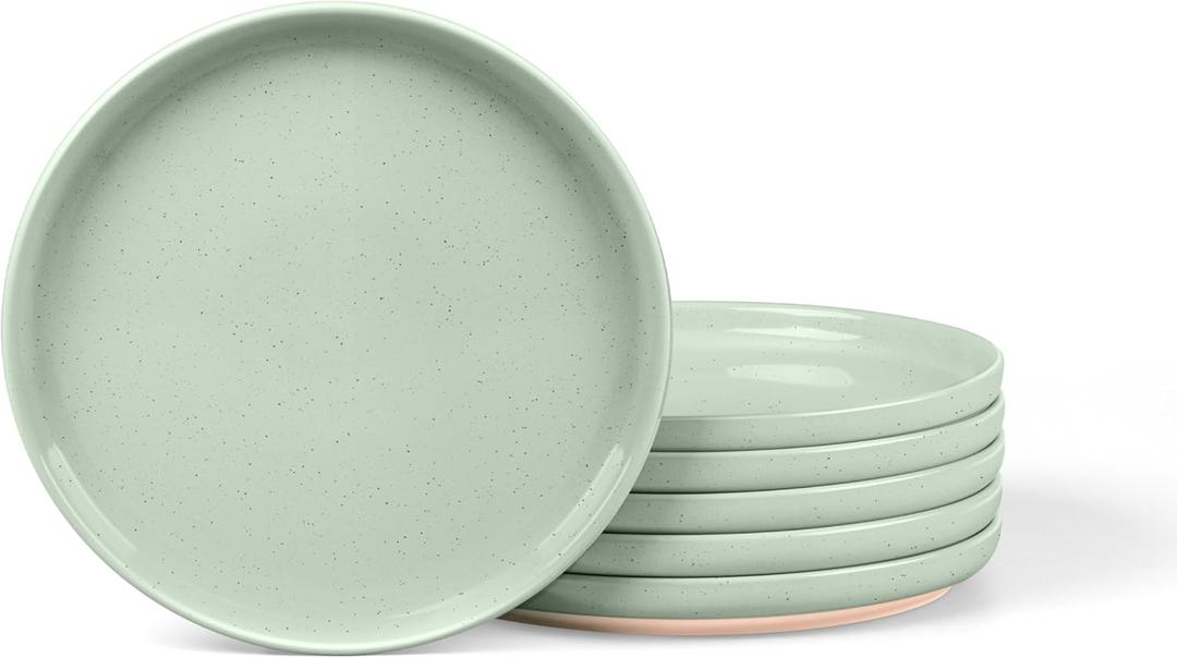 LIANYU Stoneware Dinner Plates Set of 6, 7.75 Ceramic Salad Plates for Dessert, Appetizer, Salad, Steak, Pizza, Round Serving Dishes for Kitchen, Microwave, Oven & Dishwasher Safe, Fog Green