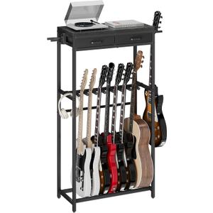 ELYKEN Guitar Stand, Guitar Rack with 2 Hangers and Storage Drawers for Guitar Accessories, Multiple Guitar Holder for Acoustic Electric Guitar, Bass, Ukulele, Instrument, Music Studio, Black (7-9 Guitars)