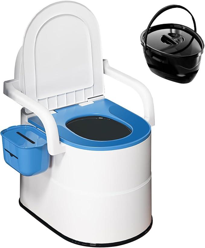 Bedside Commode Toilet for Elderly, Portable Toilet for Adults with Full-Surround Anti-Slip, Armrests, Double Layer Odor Sealed, Bedside Commode Chair for Toilet with Arms, Blue