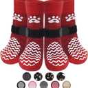 PUPTECK Anti Slip Dog Socks 2 Pairs with Double Grippers for Hardwood Floors, Shoes for Hot/Cold Pavement, Boots & Paws Protectors to Prevent Licking, Traction Booties for Senior Small Large Dogs (Red(Wave)), Size: X-Small(2 Pair)