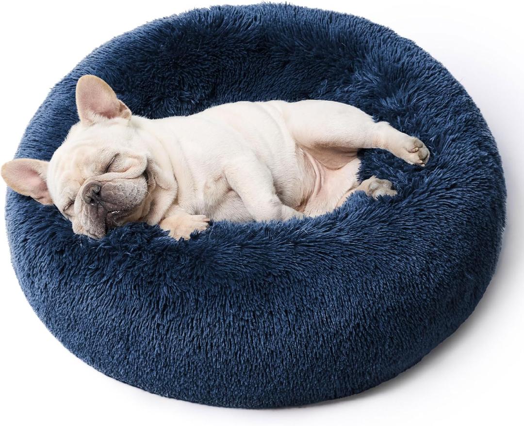 Bedsure Calming Dog Bed for Small Dogs - Donut Washable Small Pet Bed, 23 Inches Anti-Slip Round Fluffy Plush Faux Fur Large Cat Bed, Fits up to 25 Lbs Pets, Navy