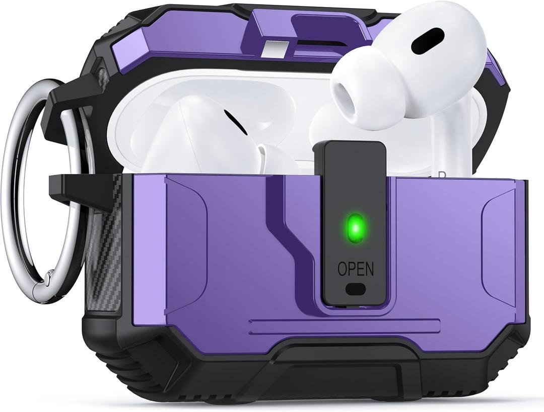 for AirPods Pro 2 Case Cover [Safety Lock] [Magnetic One-Click Open] [Military Shockproof Armor] Double Rugged Outdoor Wireless Charging Case for AirPods Pro 2nd Generation with Keychain, Purple