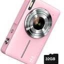 Digital Camera, FHD 1080P Digital Point and Shoot Camera with 16X Zoom Anti Shake, 32GB Card, Compact Small Camera for Boys Girls Kids, Pink