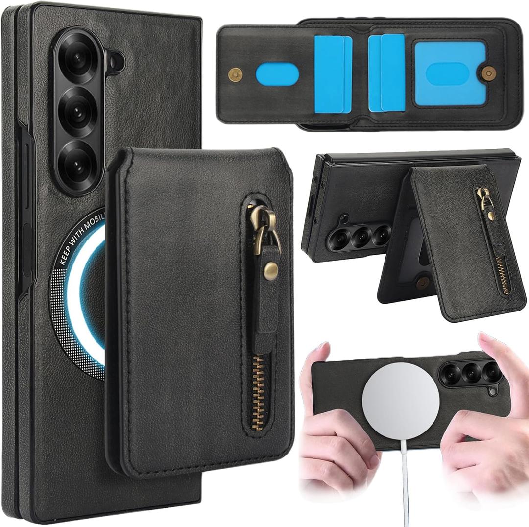 2 in 1 Detachable Magnetic Case for Samsung Galaxy Z Fold 6, Compatible with MagSafe Wallet Case with Card Holder Kickstand RFID Blocking Leather Zipper Purse Cover for Z Fold6 FTL Black