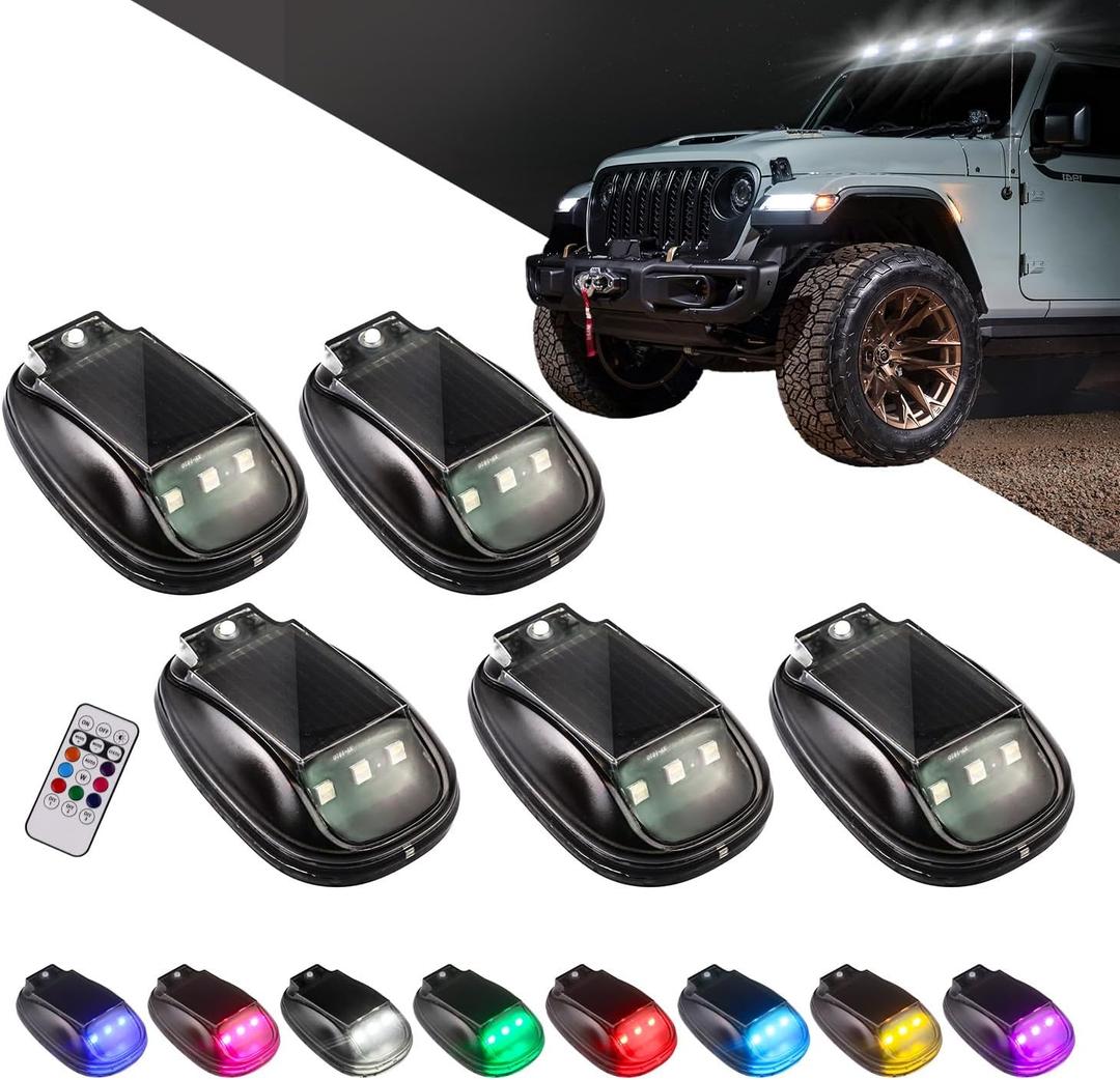 5PCS Wireless Solar Cab Lights for Truck, No Drill Type-C Charging Cab Roof Top Marker Lights, 8-Colors LED Marker Lights with Vibration Sensor for Pickup SUV Jeep ATV Off-road