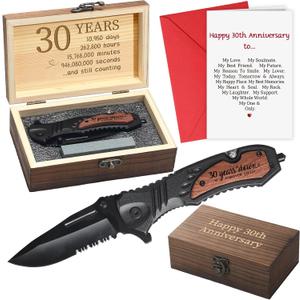 30 Years Anniversary Keepsake Gifts for Him Men Husband Engraved Pocket Folding Knife with Wood Box Tin Anniversary Customized Wedding Birthday Gifts for Men Outdoor Camping Activity