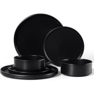 E-far 6-Piece Stoneware Dinnerware Sets, Black Plates and Bowls Set for 2, Kitchen Modern Dishes Set for Everyday & Formal, Chip and Scratch Resistant, Microwave & Dishwasher Safe, Matte Black