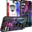 Phone Case for Galaxy-A35-5G Case w/Tempered Glass Screen Protector(Full Coverage) [Full-Body][15FT Mil-Grade][Built-in Kickstand] Car Magnetic Protective Cover for Women Man Blue Black Star Galaxy