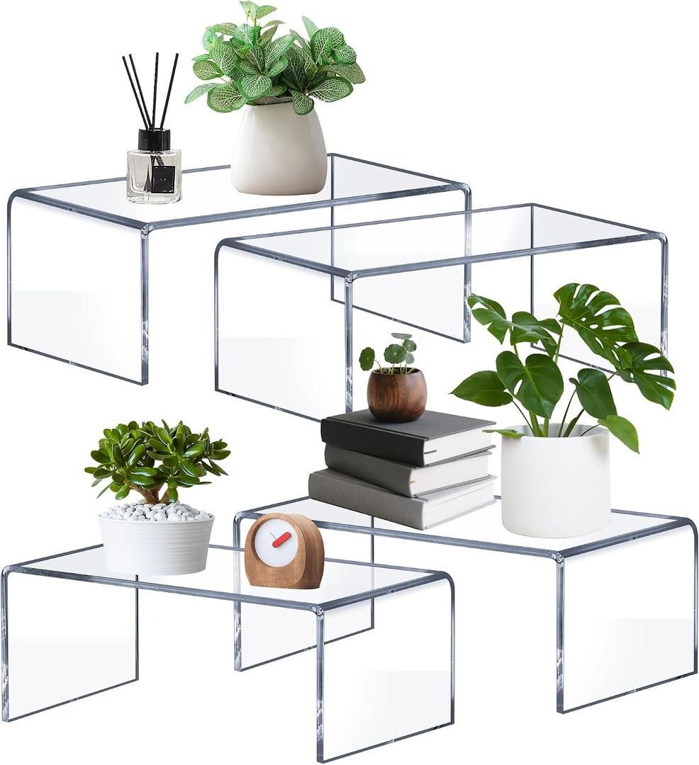 Large Acrylic Risers 4 Pcs - 5mm Thick Clear Display Risers (12.4 x 5 x 5) for Perfume Organizer, Collectibles, Figures, Jewelry & Retail Showcase
