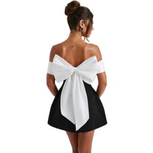 AIBEARTY Women's Elegant Big Bow Off Shoulder Mini Dress Sexy Strapless Backless Party Cocktail Evening Wedding Dresses (Black&white, S)