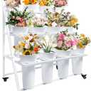 Flower Stand with 12 Buckets, Flower Display Stand with Wheels, Flower Cart, Moving Florist Bouquet Shelf for Party, Wedding, Events, Triangular Legs (White)