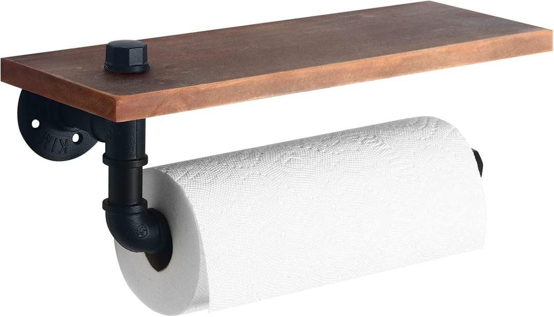 HouseAid Industrial Pipe Paper Towel Holder with Shelf, Rustic Farmhouse Paper Towel Rack for Bathroom, Kitchen, Wall Mounted, Matte Black