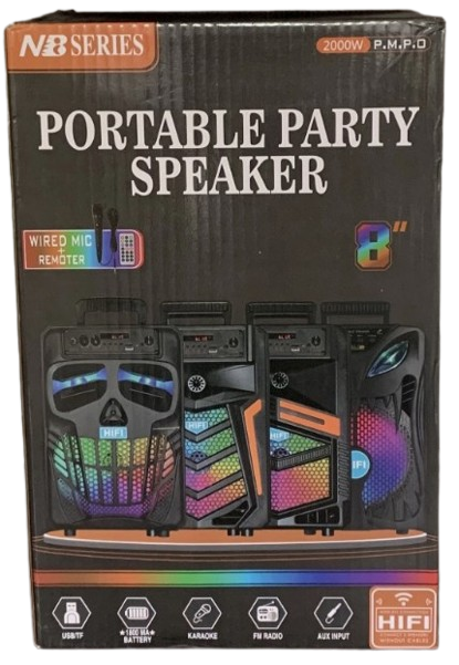 NB Series 8 Inch Wireless Portable Party Speaker & Wired Mic + Remote, black