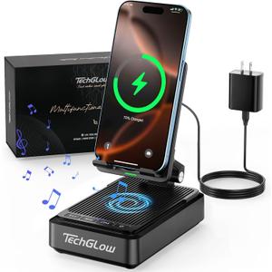 Gifts for Men Women-TechGlow Bluetooth Speaker with Phone Stand and Wireless Charger Compatible with iPhone 16 15 14 13 Pro XS 8 Plus Samsung Galaxy S25 S24 S23 Note 20 Birthday Gift Idea for Mom Dad