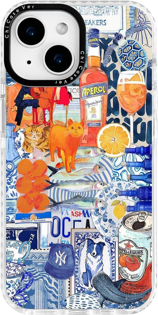 for iPhone 13 Case, Mediterranean Aperol Collage Pattern, Military-Grade Drop Protection, Playful Coastal Soft Slim TPU Protective Cover with Camera Protection for Women & Girls (BeachsidePub)