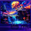 Onivein Blacklight Skull Forest Tapestry UV Reactive Skeleton Mushroom Waterfall Tree Tapestries Wall Hanging Aesthetic Tapestry for Bedroom Dorm Living Room Decor(59.1 x 78.7 Inches)