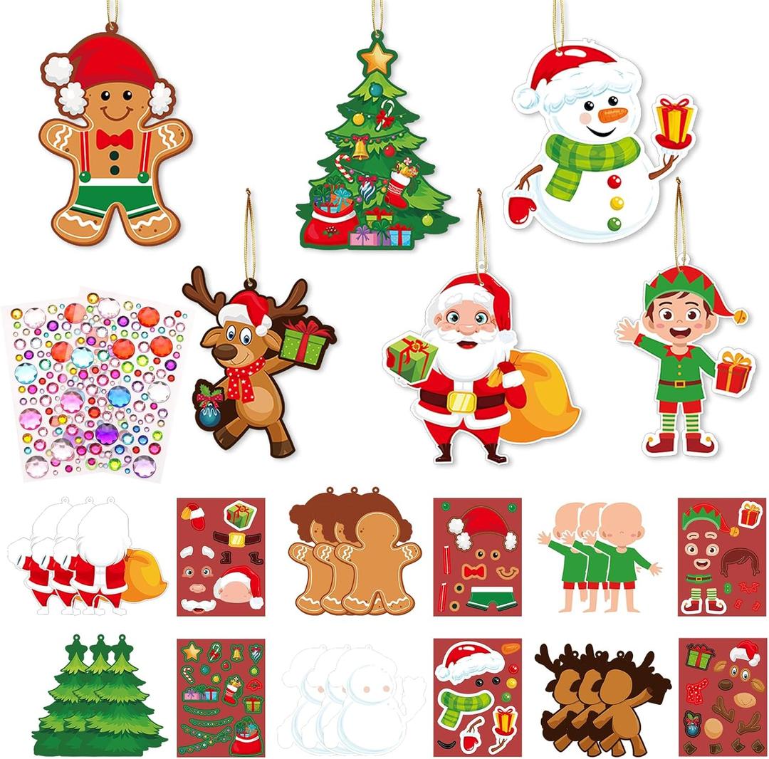 50Pcs Christmas DIY Diamond Stickers, Make-a-face Sticker Make Your Own Characters Sticker, Xmas Tree Santa Claus Snowman Elf Gingerbreadman Hanging Ornament for Xmas Party Favor Supplies Decor