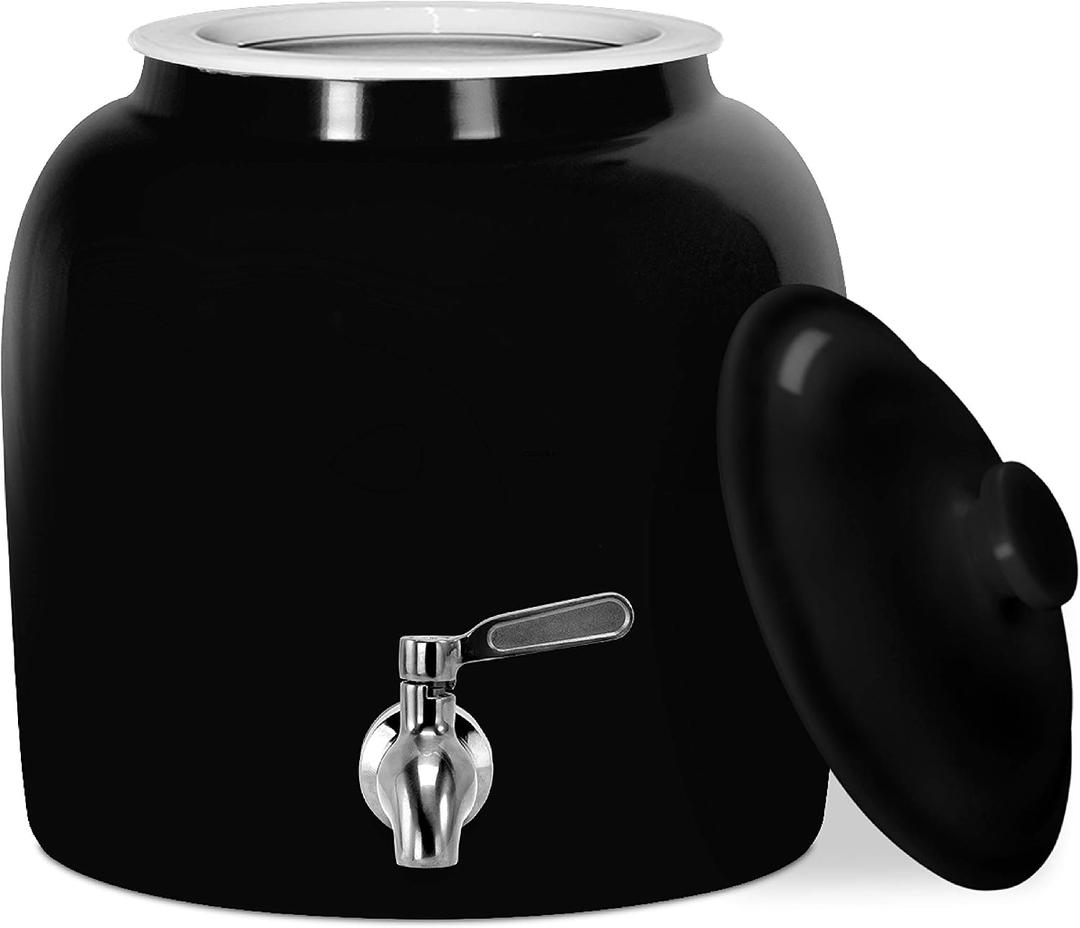 Geo Sports Porcelain Ceramic Crock Water Dispenser, Stainless Steel Faucet, Valve and Lid Included. Fits 3 to 5 Gallon Jugs. (Solid Black)