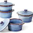 UNICASA 8 oz Ceramic Ramekins with Lid, Mini Casserole Dish with Handles Set of 4, Porcelain Small Baking Dish, Round Small Cocotte Oven Safe, Reactive Glaze (Denim Blue)