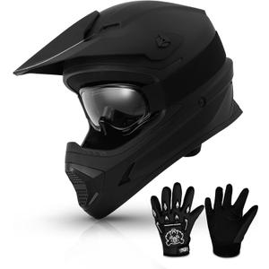 TCMT Youth Kids Dirt Bike Helmet DOT Approved Full Face Motocross Gear 4-In-1 Set Includes Goggles, Gloves and Carry Bag, Adjustable Visor, Washable Liner, Lightweight, For ATV,UTV, Youth Large,Pattern: Mystery Black